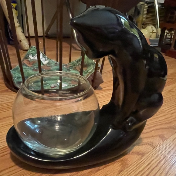 VANDOR Other - Vintage ceramic black cat fishbowl stand & glass round ball fish bowl